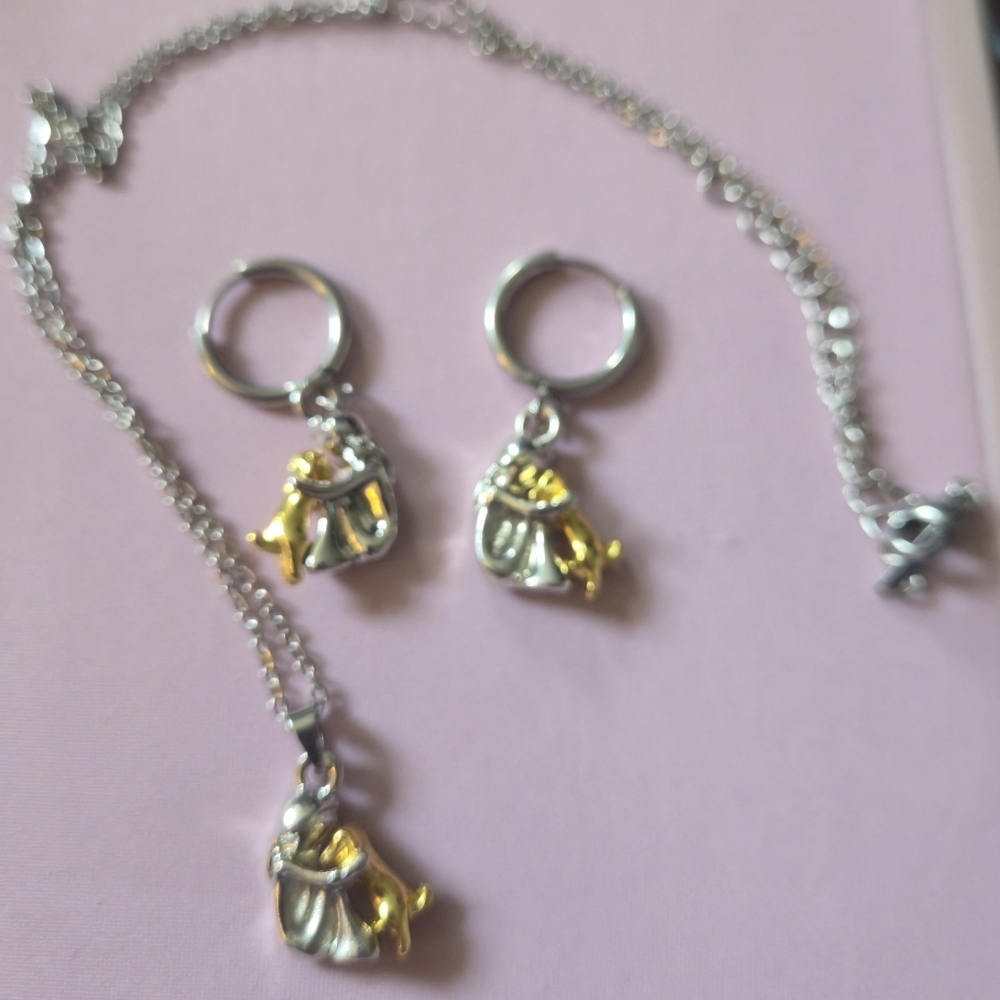 Stainless Steel Girl & Dog Necklace Earring Set Two Tone Silver Gold Dog Mom 20"